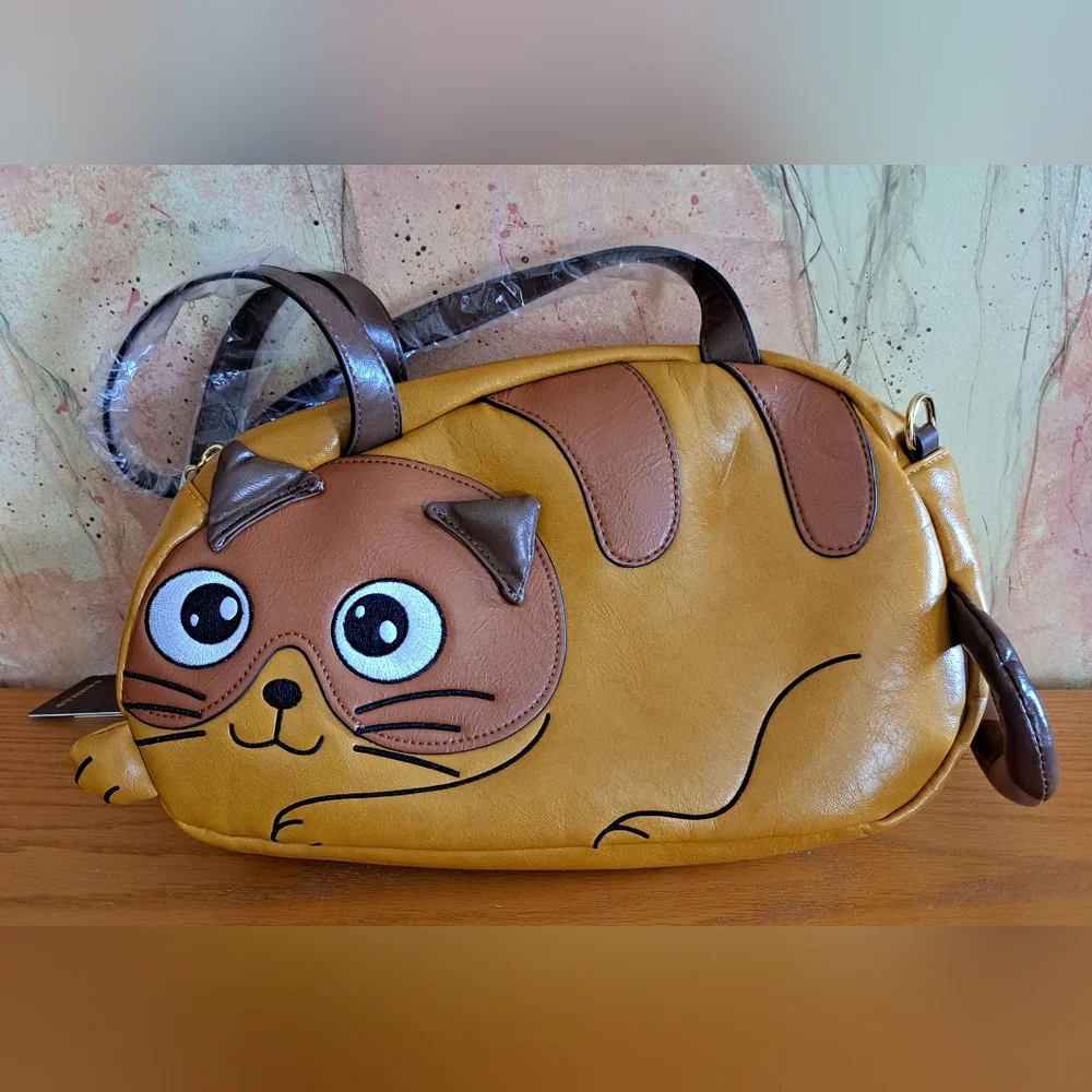 Sammao Brand NWT Cute Cat-Shaped Crossbody Bag in Mustard & Brown - Picture 2 of 10